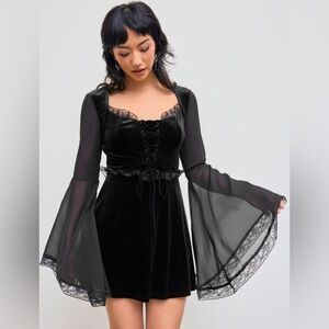 Cider Black Lace-Up Sheer Sleeve Dress